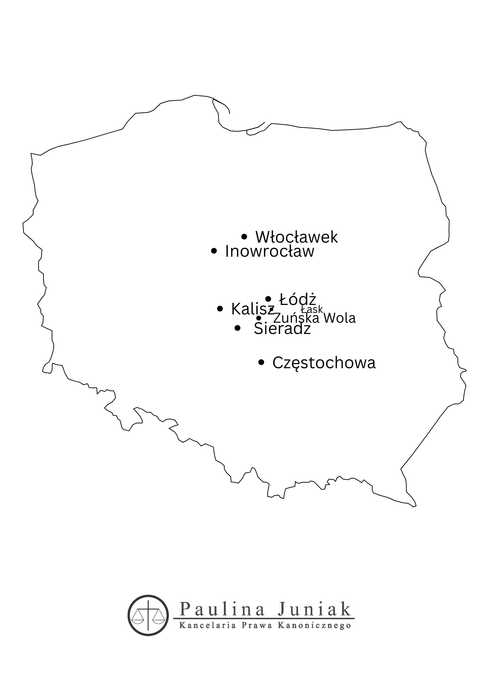 Mapa miast, w których adwokat kościelny Paulina Juniak oferuje pomoc w sprawach o rozwód kościelny i unieważnienie małżeństwa